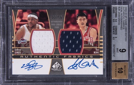 2004-05 SP Game Used Edition "Authentic Fabrics" #JM LeBron James & Yao Ming Dual Signed Jersey Card (#23/50) - BGS MINT 9/ BGS 10 – LeBron’s Jersey Number!